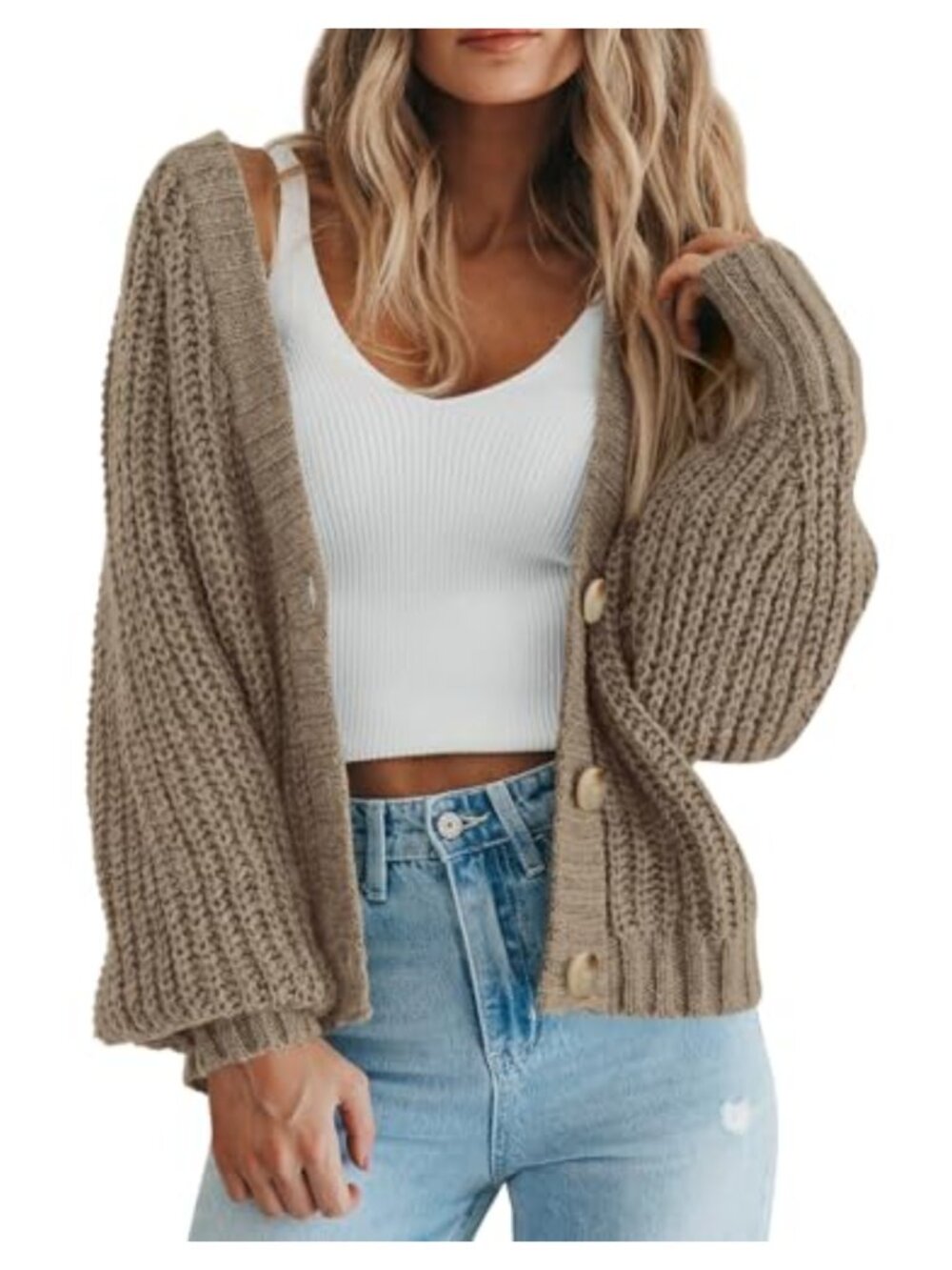 Chunky Knit Open Front Cardigan Long Sleeve Button Loose Short Sweater for Women